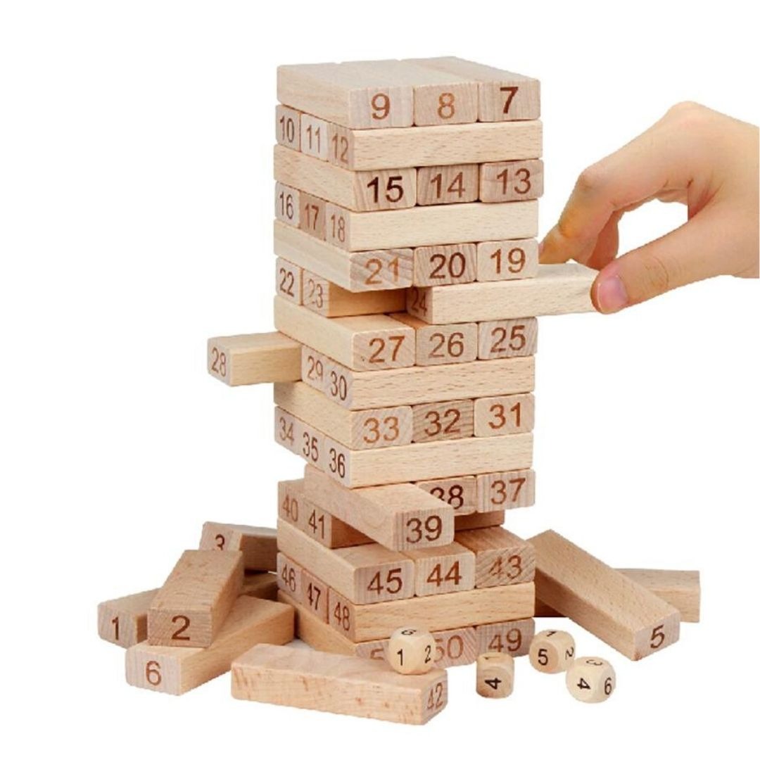Number Jenga Wooden Stacking Game for Kids & Adults Blocks 54 Pieces with Dice