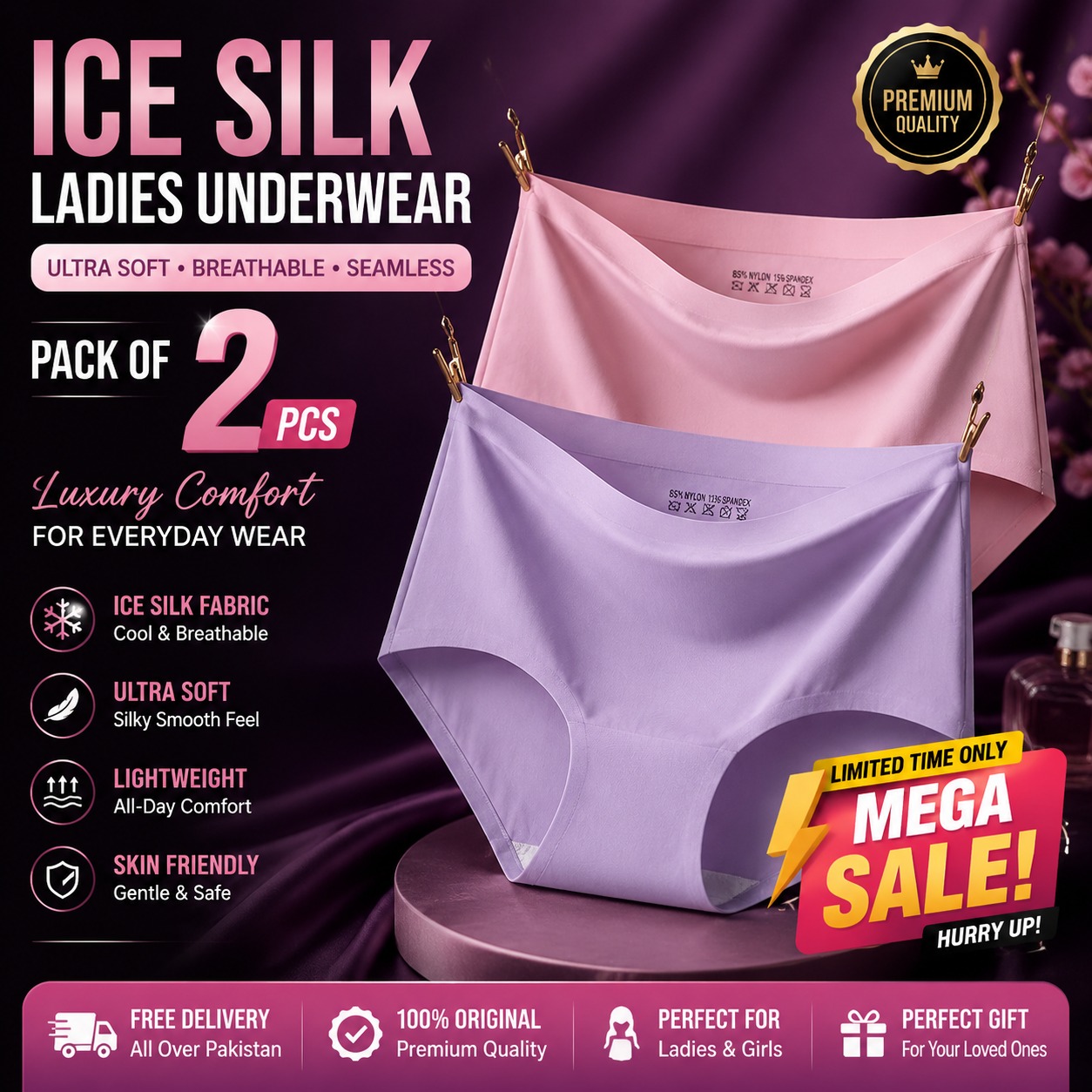 Pack of 2 Imported Ice Silk Panties for Women & Girls – Seamless Invisible Underwear – Ultra Soft, Cool & Comfortable Winter Briefs – Breathable Stretchable Skin Friendly Daily Wear Panties – Premium Quality Soft Fit Lingerie Underwear Comfort Daily Wear.