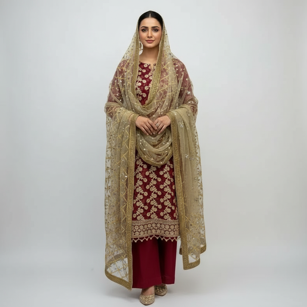 New Wedding Dress Shafon Nag Jal Shirt with Masori Trouser and Net Dupata - Elegant 3-Piece Set