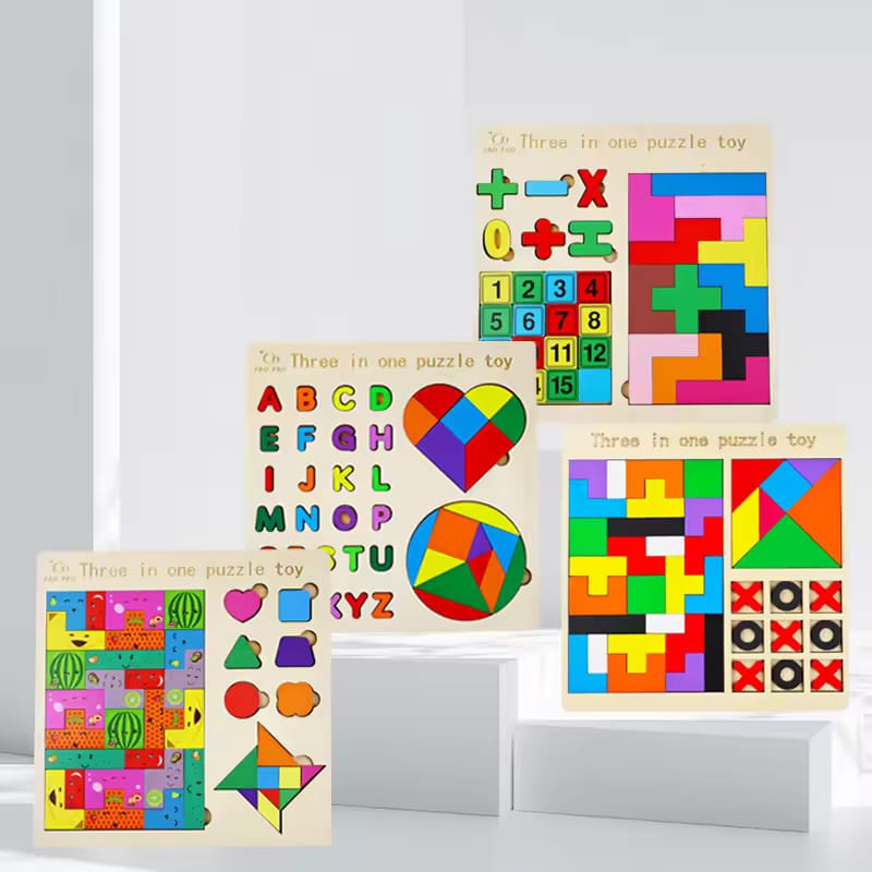 3-in-1 Wooden Puzzle Game Set for Kids | Jigsaw, Pattern Matching & Tangram Educational Toy | Math Learning Puzzle for Ages 3+