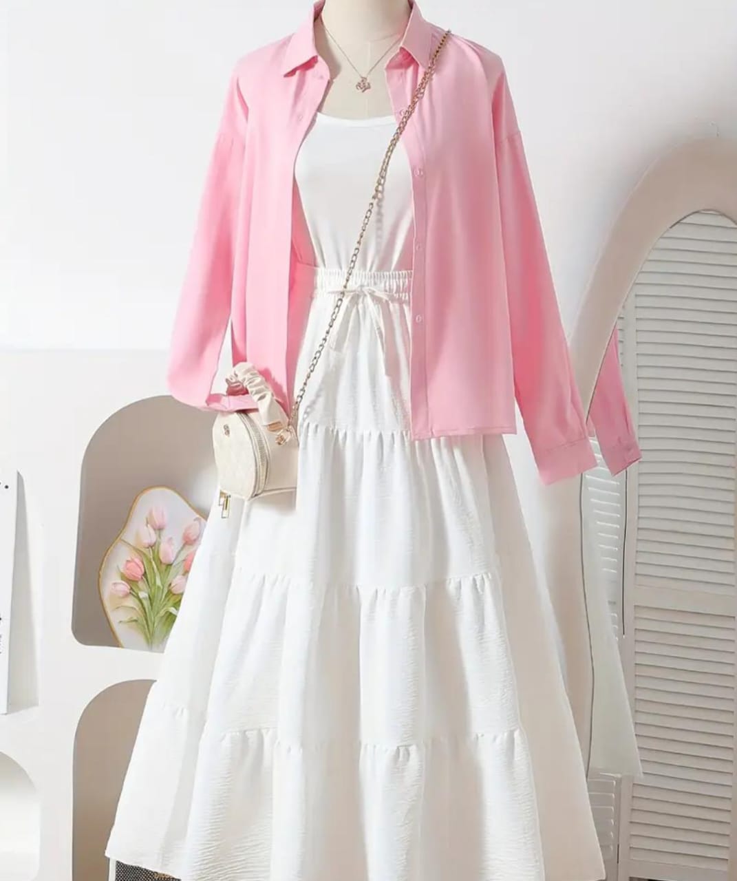 Western Wear Layered Maxi Dress Set for Girls – Elegant Button-Down Shirt with Flowy Tiered Inner Dress