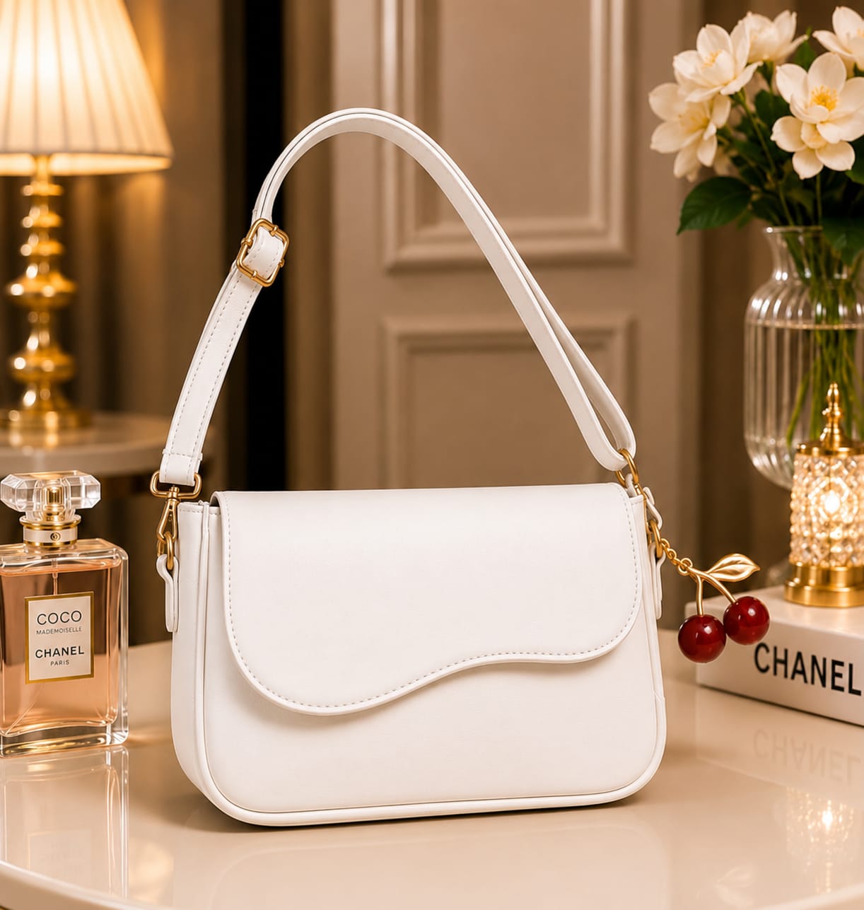 Premium Cherry Hand Bag with Keychain - Sling Bag for Women - Stylish Shoulder Purse - Handbags For Girls - New Design Hand Bags & Shoulder Bag With Belt and Cherry Keychain For Ladies