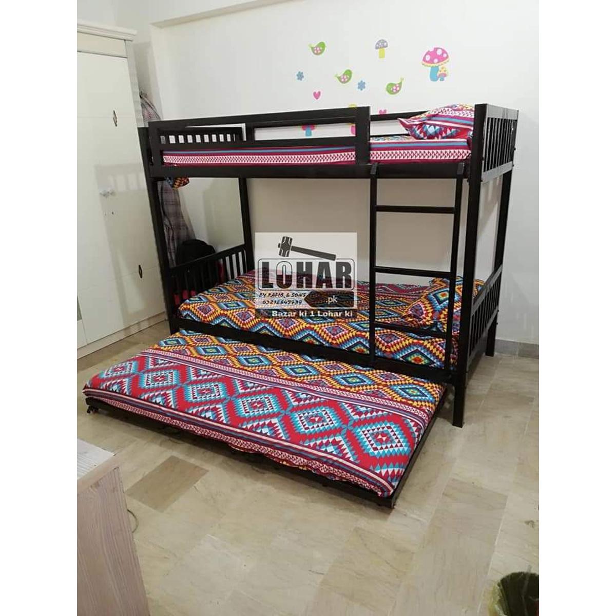 Bunk Bed Frame with Sliding Trundle Bed (For 3 persons) Adult size (Bolt Fitted)
