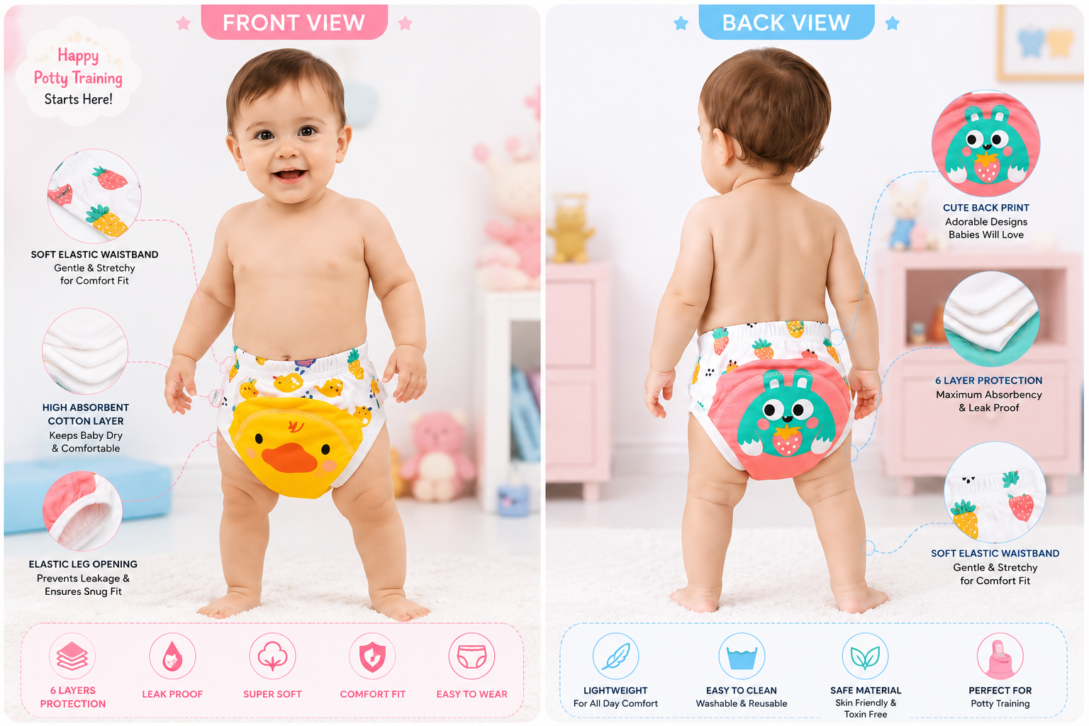 Luxe Styles Kidz 1 Pcs Traning Pants Baby Washable 3 Layers Baby Cloth Reusable Cotton Elastic Waist Cloth 0-15KG