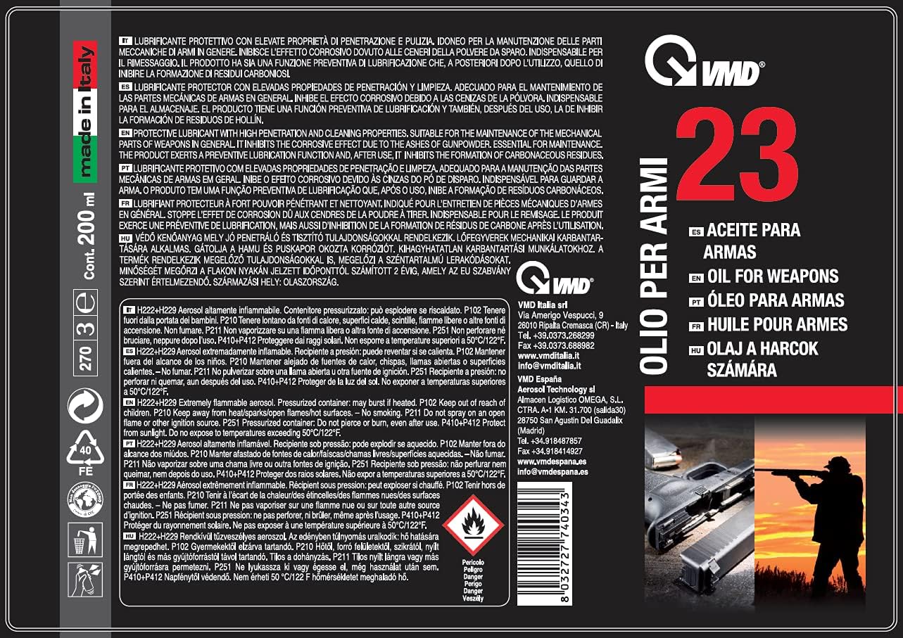 VMD 23 Gun Oil and Weapon Cleaner 200 ml, Professional Firearm Lubricant and Rust Protection
