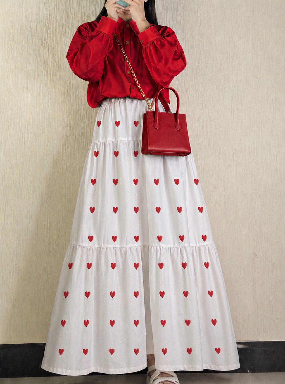 Chic Heart Print Button-Down Blouse with Tiered Maxi Skirt Set for Girls – Trendy Casual Outfit for Stylish Everyday Wear