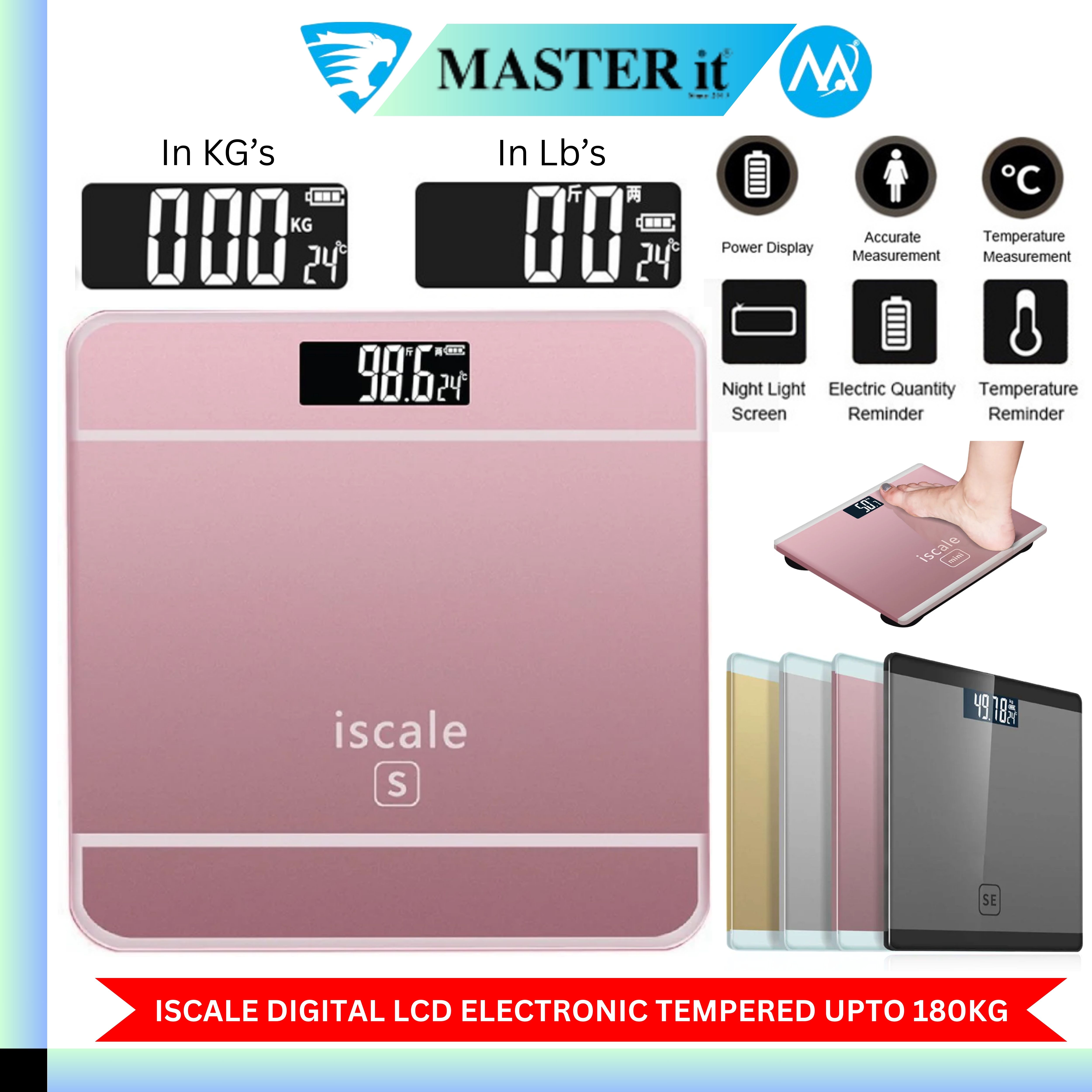 Upto 180kg iScale Rechargeable Weight Machine - Digital Heavy Duty Electronic Weighing Scale with Dual LED Display - Heavy Electric Weight Machine With Durable Steel Quality - For Home & Personal Use - Black/Golden/Pink/Silver