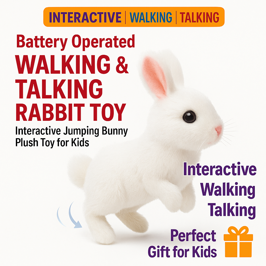 Interactive Plush Walking Talking Rabbit Toy with Sounds and Lights | Battery Operated Bunny Pet Toy for Kids | Soft Plush Hopping Rabbit with Wiggling Ears and Twitching Nose | Educational Unisex Gift Toy for Toddlers
