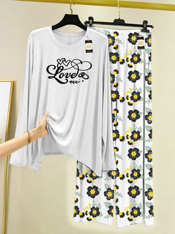 Love Heart Printed Nightwear Set with Flower Printed Trousers – Women's Lounge Wear By Zavi Wear