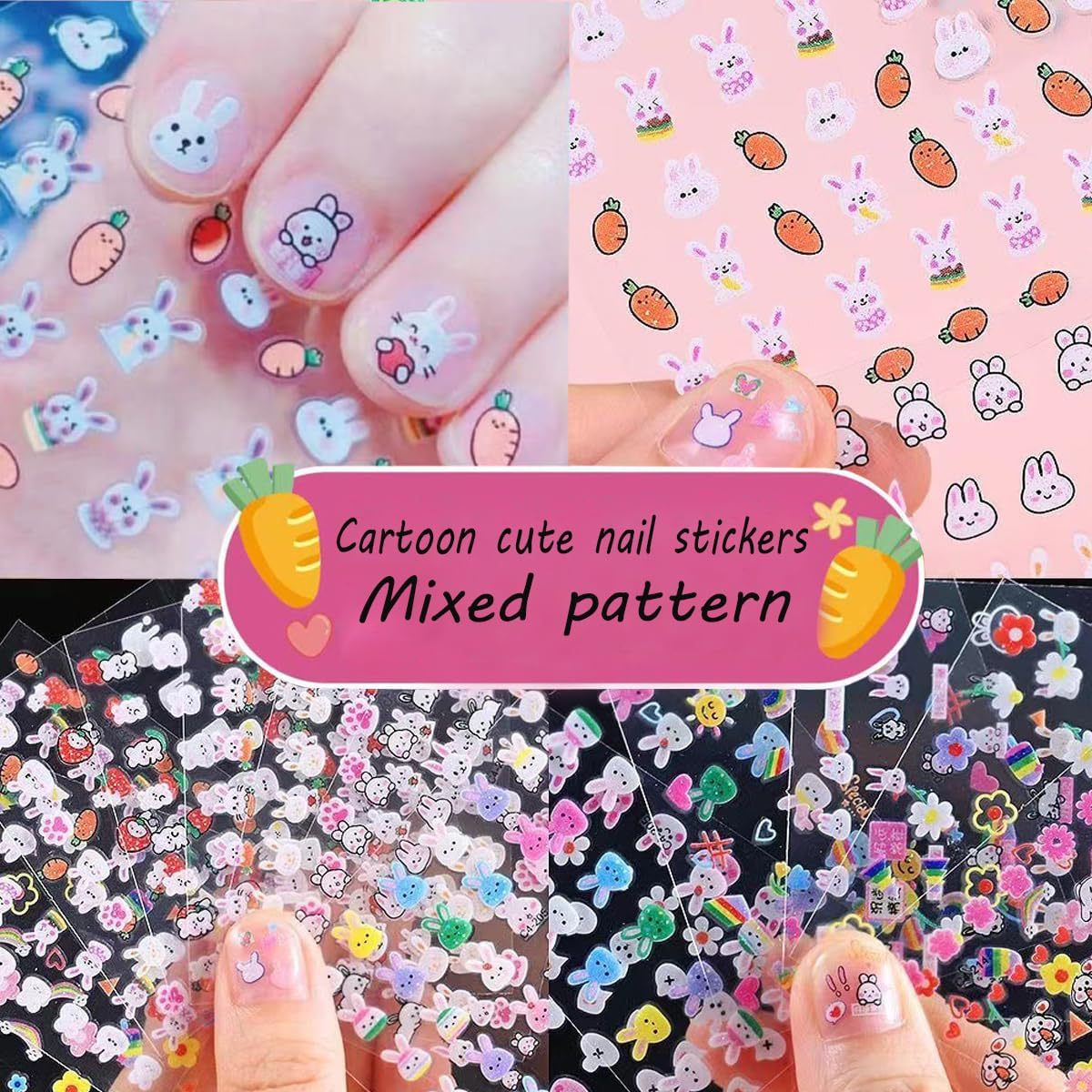 5 Sheets Children’s Cartoon Rabbit & Princess Nail Stickers – Waterproof 3D Kids Nail Art Decals with Glitter Sequins, Bunny & Flower Design for Cute DIY Manicure Nail Decoration