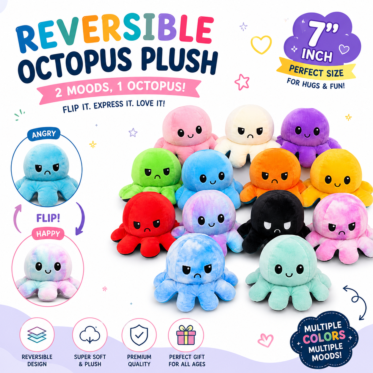 7 Inch Reversible Flip Octopus Plush Toy | Double-Sided Mood Octopus | Soft Stuffed Plush | Multiple Color Variants | Cute Gift for Kids & Adults