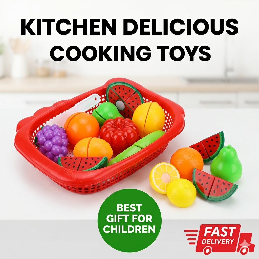 KIDDO KASTLE - Kids Cutting Fruit Vegetable Toy Set with Basket , Magnetic Velcro High Quality Material Cut Play Food Kitchen Toy , Realistic Pretend Cooking Set with Knife & Chopping Board , Age 3+ Boys Girls Pakistan