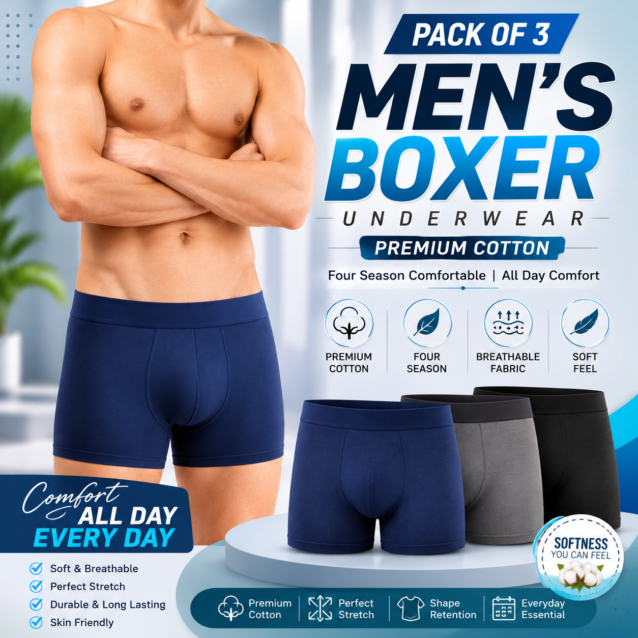 Men’s & Boys Boxer Underwear Pack of 3 – Premium Cotton Soft Breathable All Season Comfort Fit Boxers