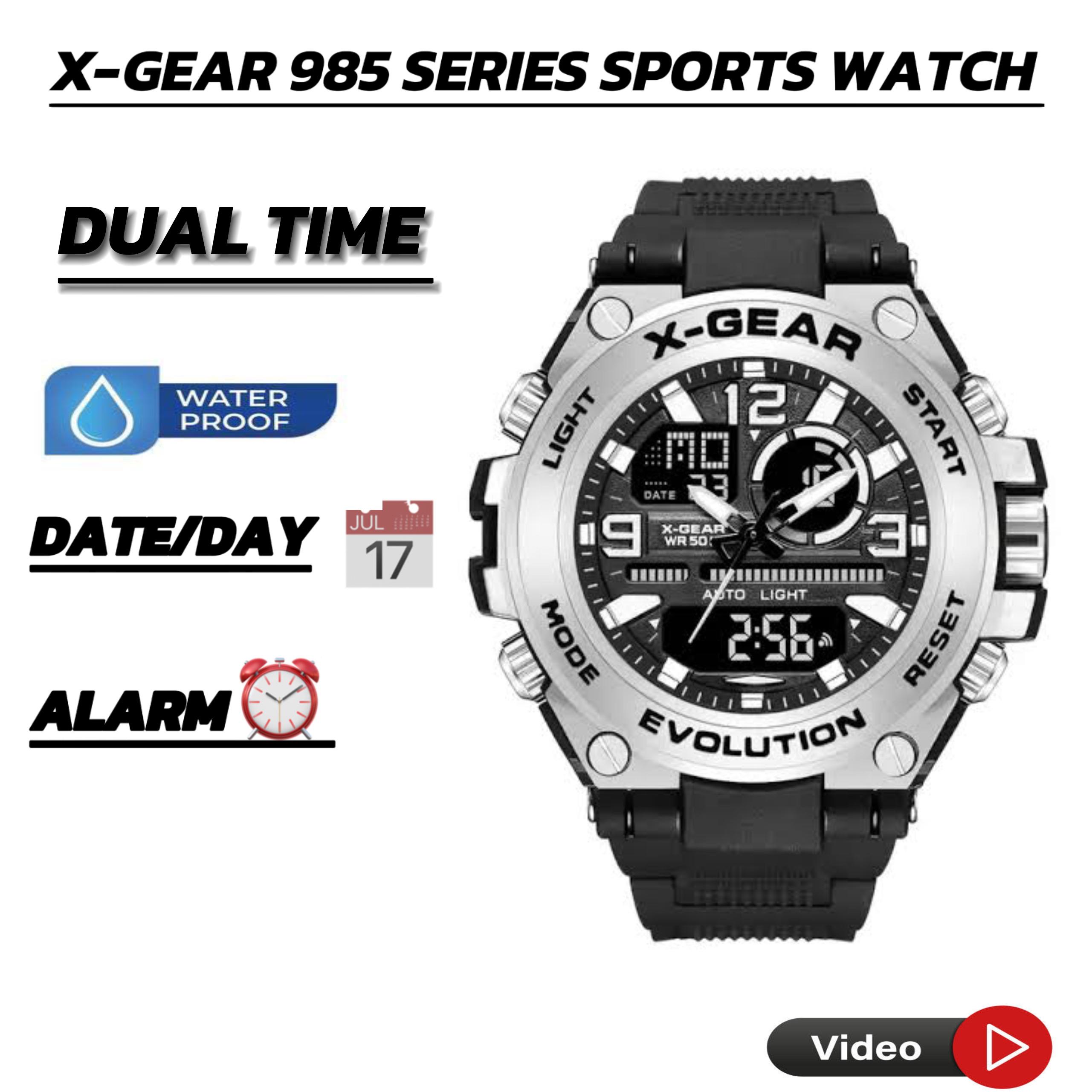 X-Gear 985 Series Dual Time Sports Watch Stainless Steel Dial Multifunctional Dial 50M Water Resistant Sports Watch for Men