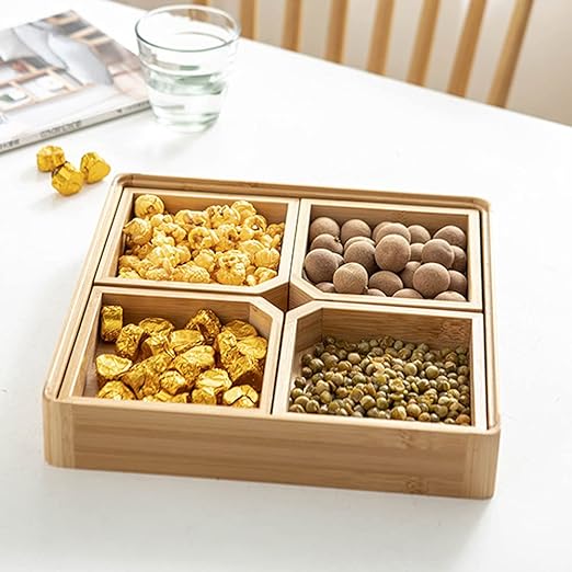 4 Compartments Bamboo Wooden Divided Serving Tray With Lid