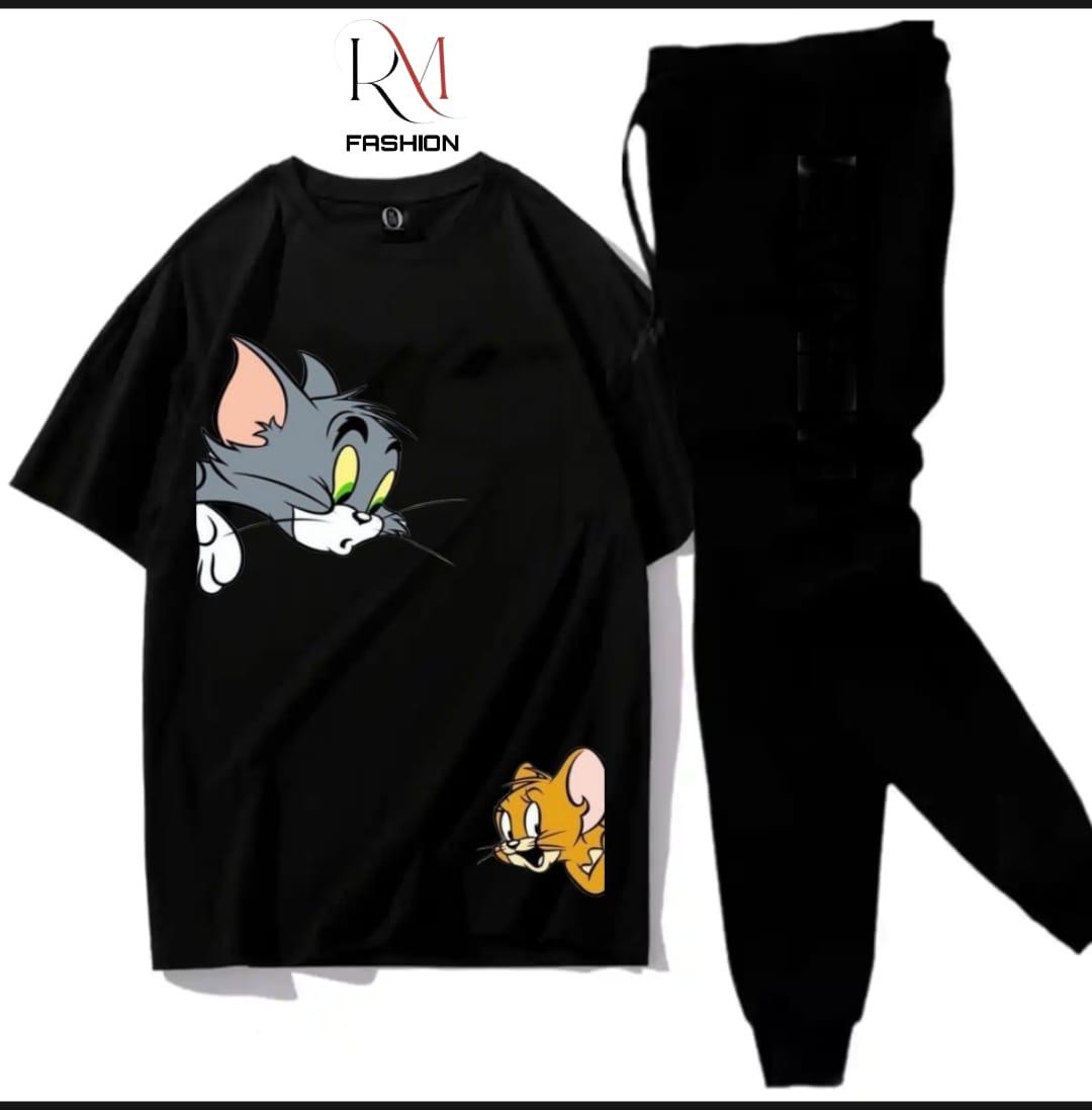 Summer Tracksuit New And Amazing Trendy design Round Neck Half Sleeves Shirt Famous Cartoon Tom And Jerry printed T Shirts  Quality Gym wear and comfortable Black Trouser And Slim Fit Tee shirt For Women And Girls