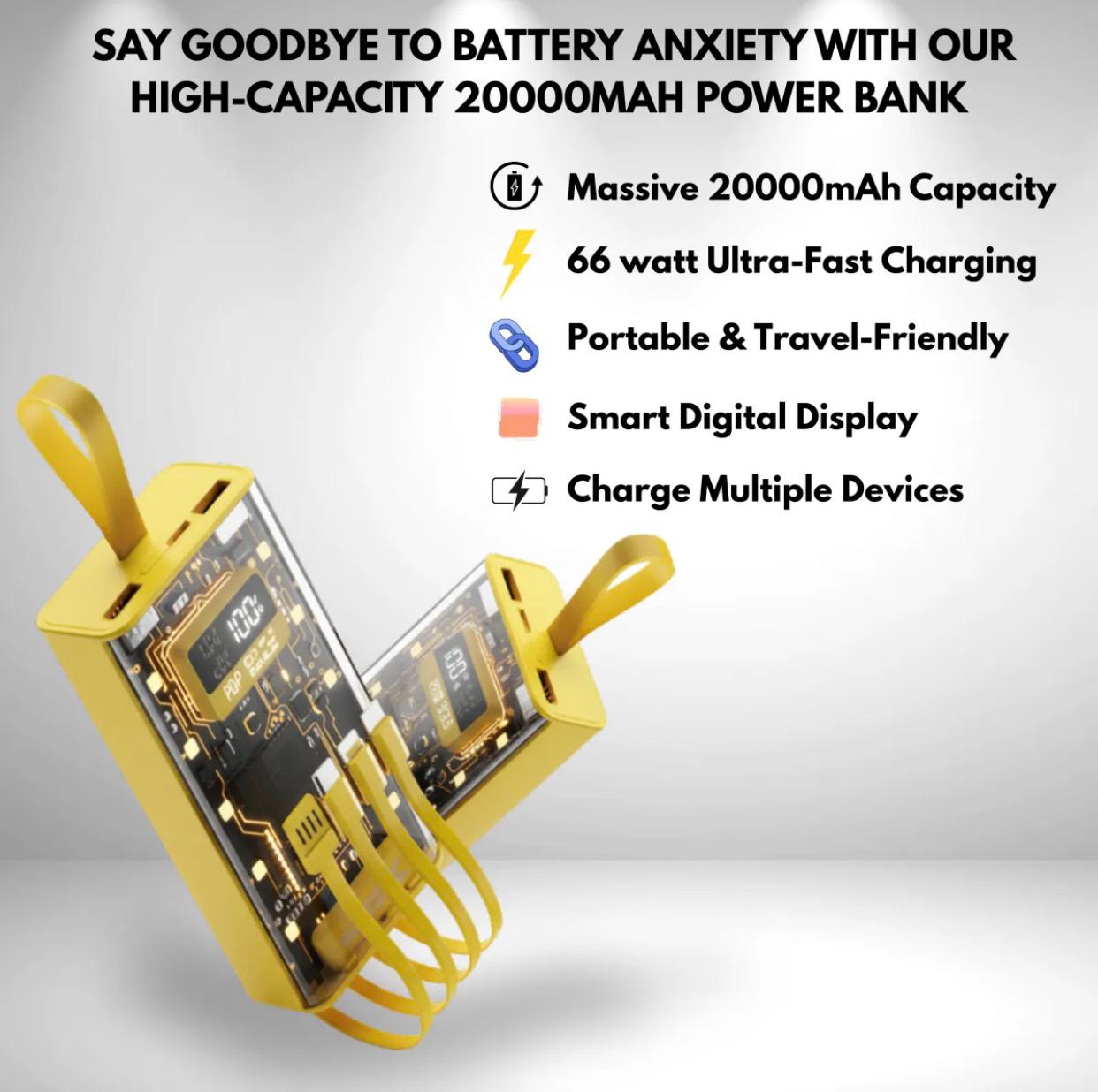 20000 MAH 66W FAST CHARGING TRANSPARENT POWER BANK-POWER BANK FOR ANDROID -Fast charging power bank-Transparent power bank-Portable 66W power bank-Mini fast charging power bank-Large capacity power bank-Power bank-Led Crystal display power bank.