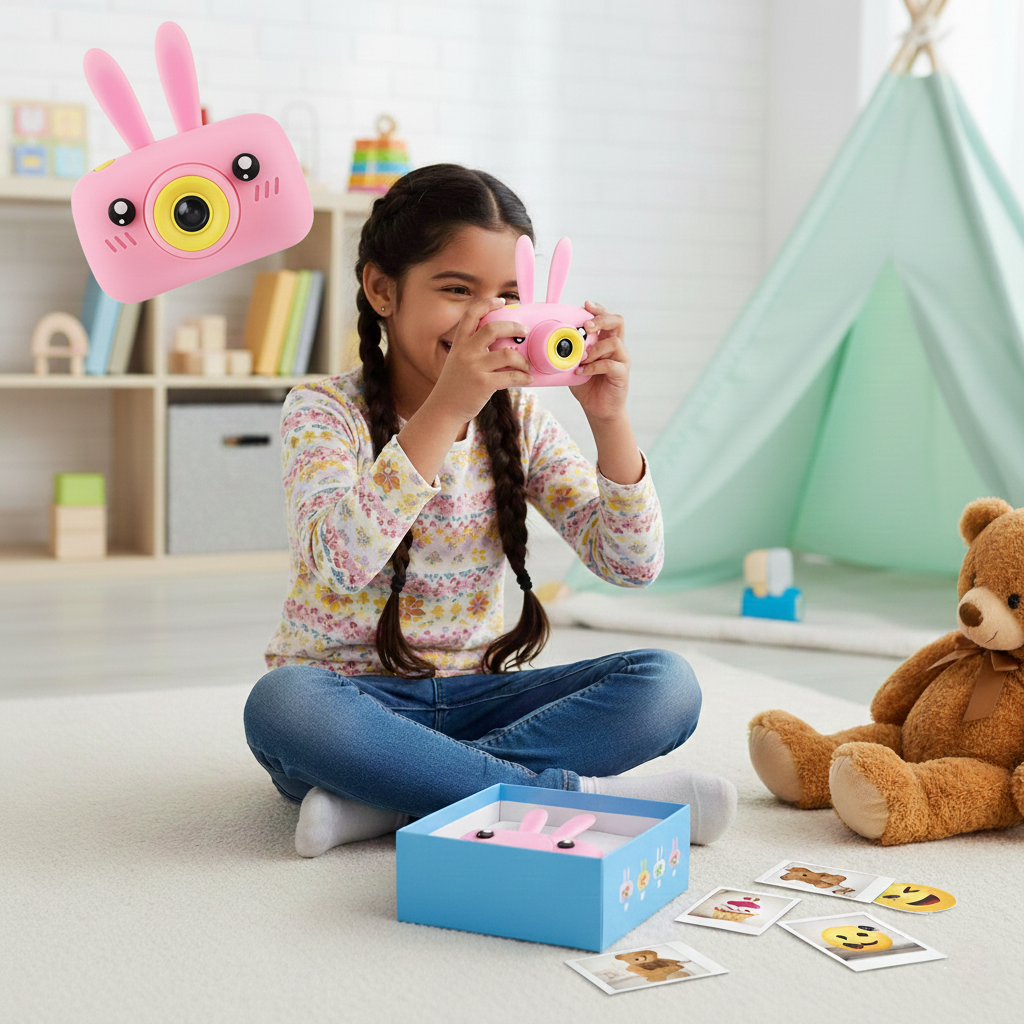 DAN TECHNOLOGY 1080P Kids Digital Camera | 12MP HD Children Camera , Neck Strap & Rabbit Silicone Case | Kids Video Camera with 5 Modes & 28 Cartoon Frames