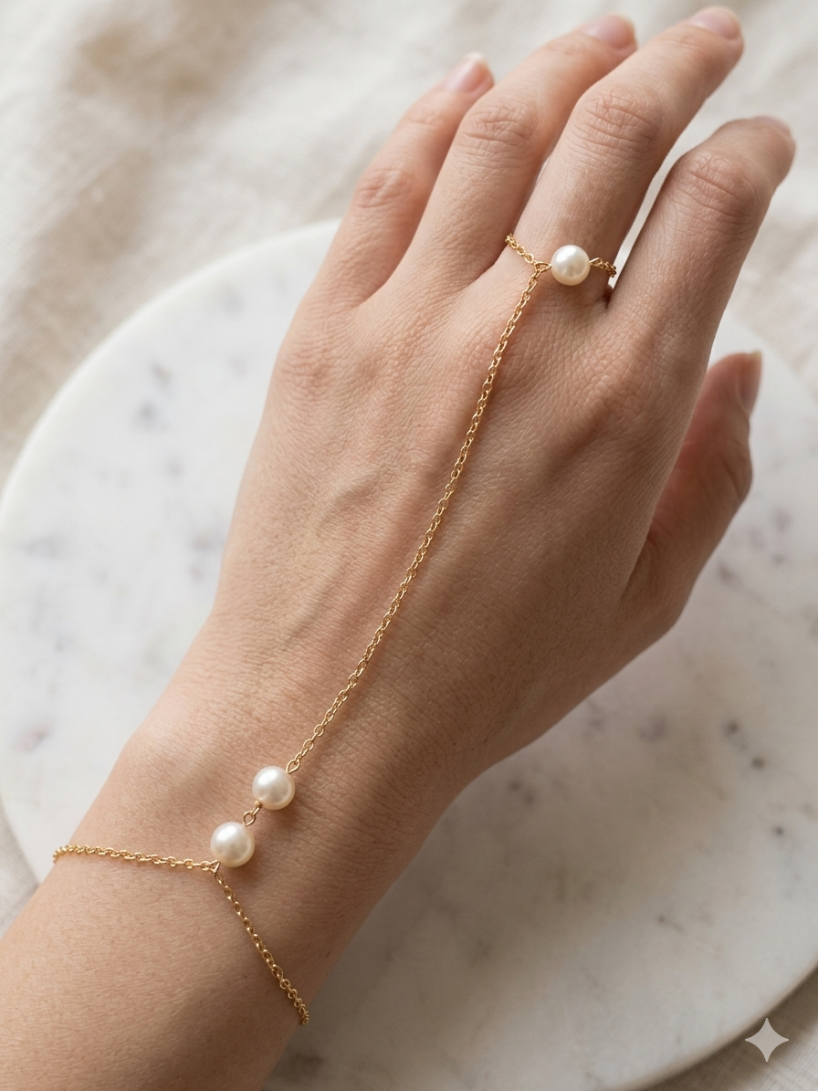 Premium Pearl Gold Chain Hand Harness - Elegant Bridal Hathphool Bracelet for Women