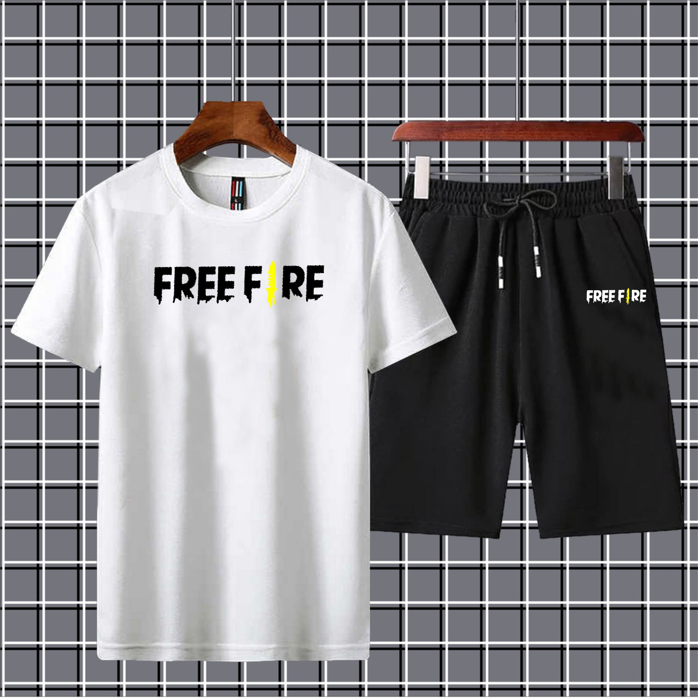 Free fire printed summer short track for men tshirt+short-yellow