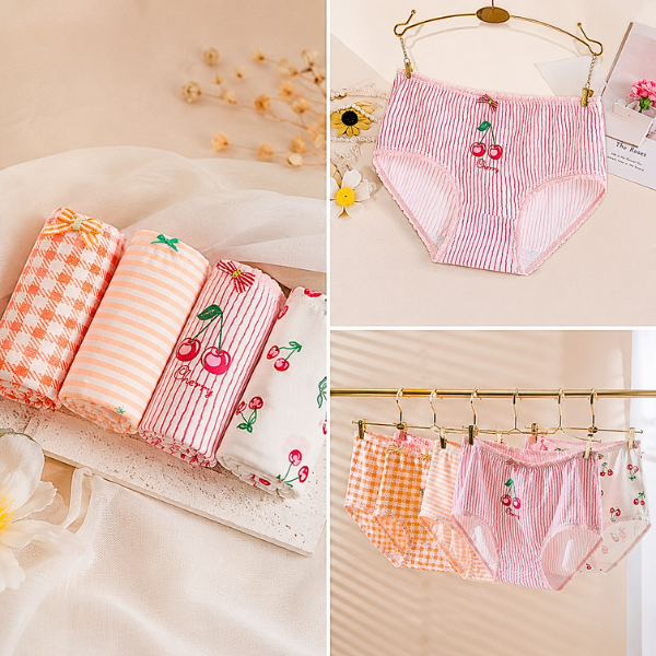 100% Cotton Panties for summer– Soft Breathable Floral & Cherry Print Underwear with Bow (M-XL)
