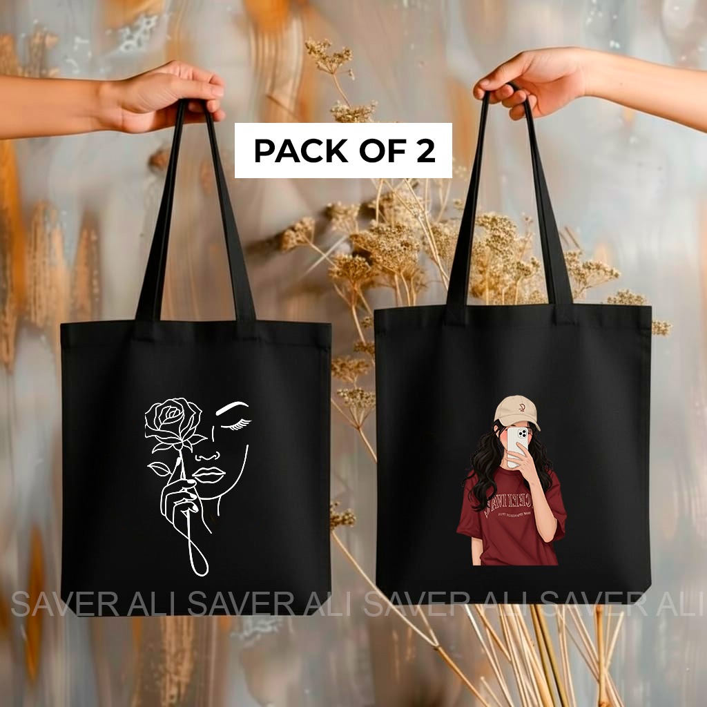 Printed Tote Bags Combo Pack | 2 Pcs Eco-Friendly Casual Handbags