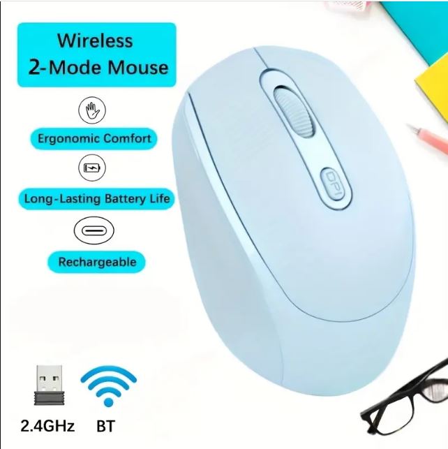 【Premium】 Rechargeable Dual Mode Wireless Mouse (Bluetooth + 2.4G) for Laptop, PC, Ma.cBook, Smart TV Gaming & Office ~ Ergonomic Lightweight Design Mice with Silent Click Buttons & 1600 DPI Control