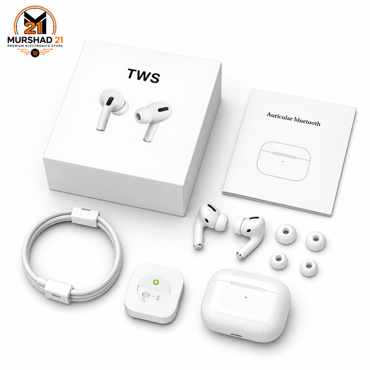 Murshad 21 TWS Pro Wireless Earbuds (Air Pods Pro Style) Premium Bluetooth Earphones - High Bass Airpod Handsfree for Android & iOS - White price in Pakistan