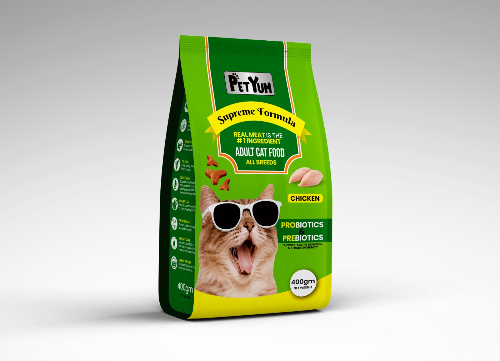 Petyum Supreme Formula Adult Cat Food Chicken 400g | Premium Dry Cat Food | Real Meat Cat Food | Probiotics & Prebiotics | High Protein Cat Kibble | Healthy All Breed Adult Cat Food | Complete Nutrition Pet Food Pakistan