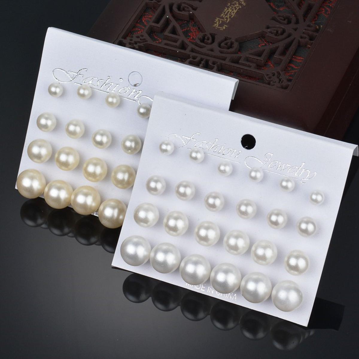 12Pairs Black/White Pearl Beads Ear Stud Earrings For Women Simple Jewelry