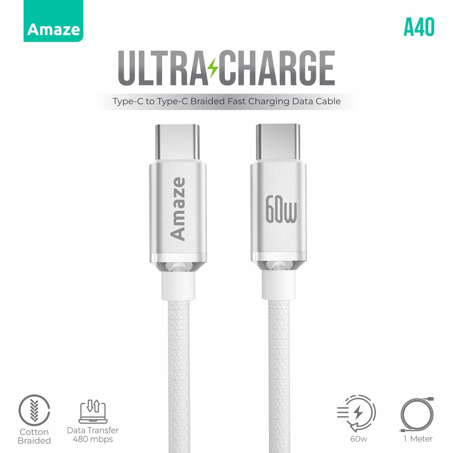 Amaze ULTRA CHARGE 60W TYPE C to TYPE C CABLE 1M Super-Fast Charging Cable A40 7 094f0b4f84553b01bb8b1499f14d29af