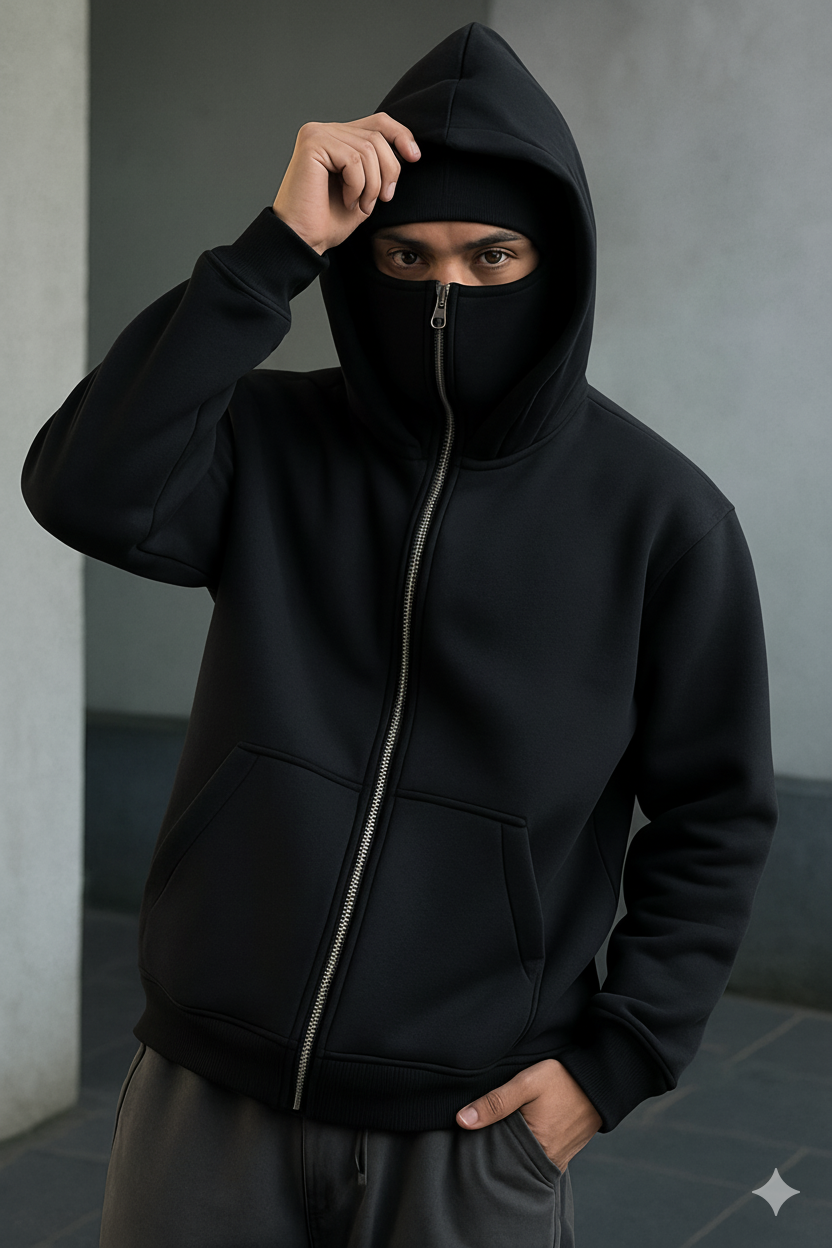 Black Balaclava Ninja Zipper Hoodie with Built-In Face Mask | Premium ...