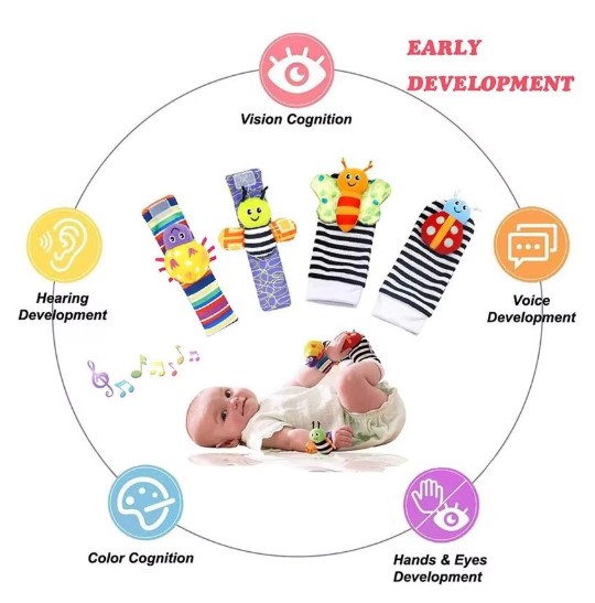 4 Pcs Baby Rattle Set Toys Infant Wrist Strap Baby Socks Foot Finder Educational Handbells Cute Spider Cartoon