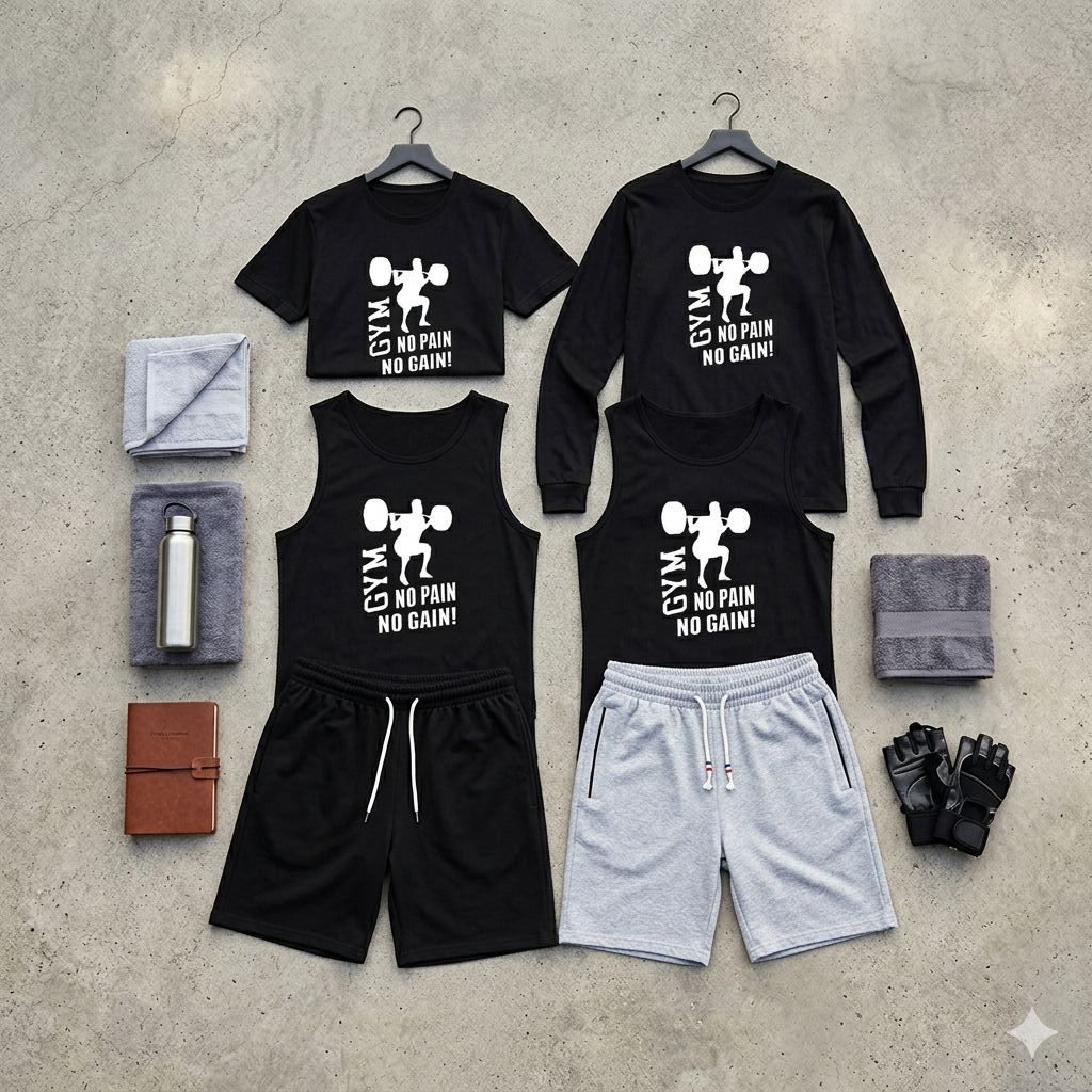 Men's Premium Gym Tracksuit & Workout Set – "No Pain No Gain" Screen Print – Full Sleeve & Half Sleeve T-Shirts, Tank Tops & Shorts – High-Performance Summer Activewear 2026