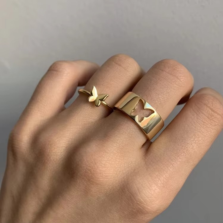 2 Pcs Adjustable Butterfly Couple Rings Set Golden Open Engagement Ring for Girls Boys