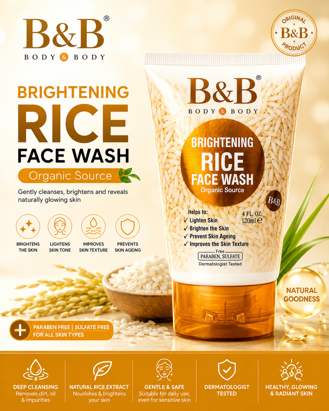 B&B Organic Rice Glow Face Wash | Rice Brightening Face Cleanser | Deep Cleansing, Hydrating & Glow Face Wash | Oil Control for Men & Women