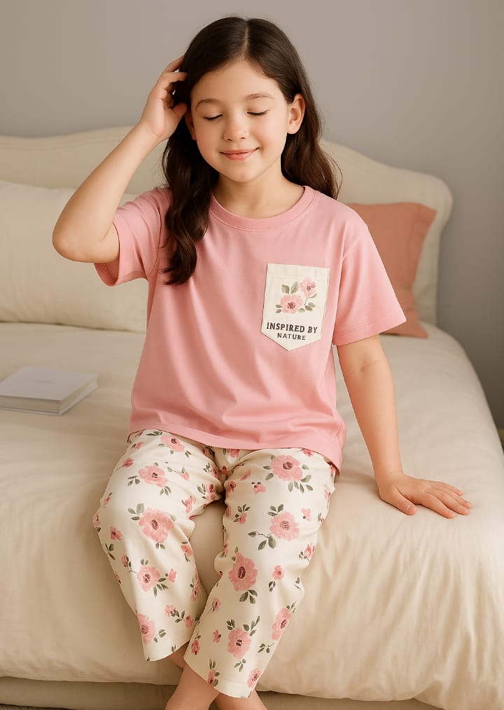 Kids Night Dress – Dark Grey Heart Print Cotton Jersey Sleepwear (Sizes 5 to 14 Years) Stylish Heart Print Nightwear – Soft Cotton Pajama Set