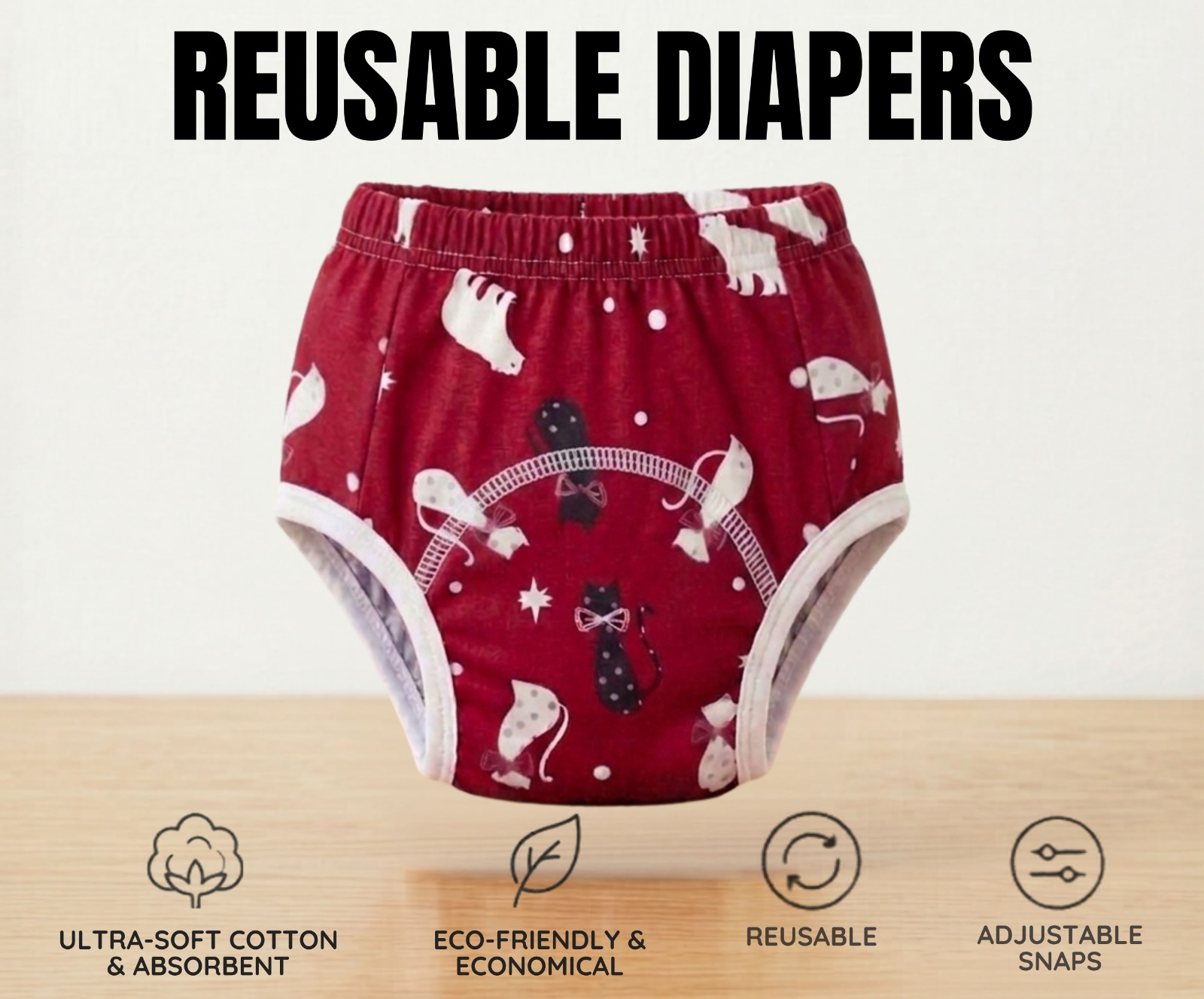 Washable Diapers for Kids - Reusable Baby Cloth Diapers - Leakproof & Eco-Friendly Washable Diaper with  Cotton Elastic Waist By AURA MART