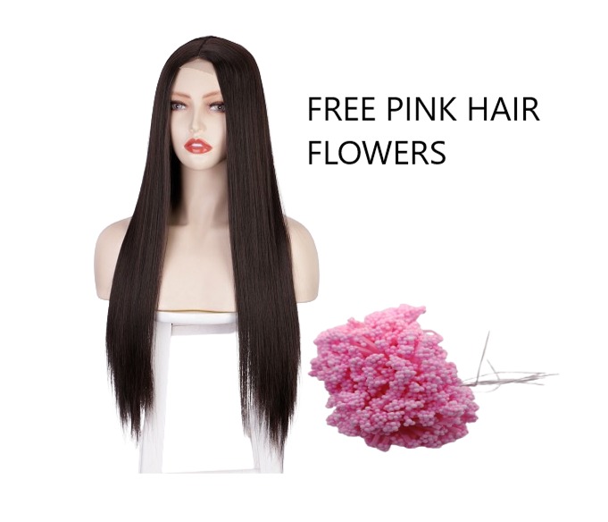 Full head wig for girls & women's natural Black color - WITH FREE PINK HAIR FLOWER
