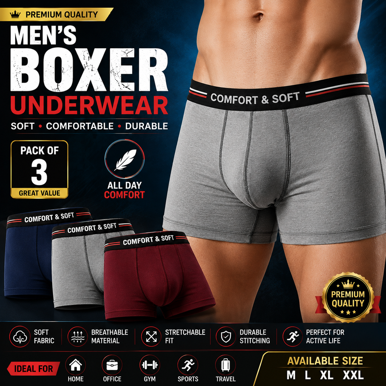 Cotton Boxer Trunks for Men & Boys | Pack of 1 / 3 | Random Color | Size M to 5XL | Soft Comfortable Breathable Lightweight Boxer Underwear | Stretchable Daily Wear Innerwear