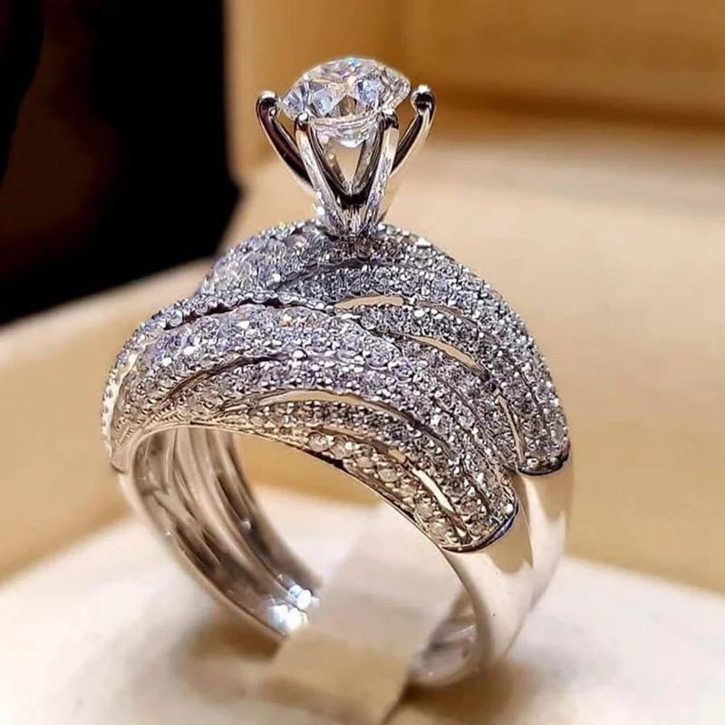 Trendy High Class Silver 2 Pieces Gem CZ Ring For Women