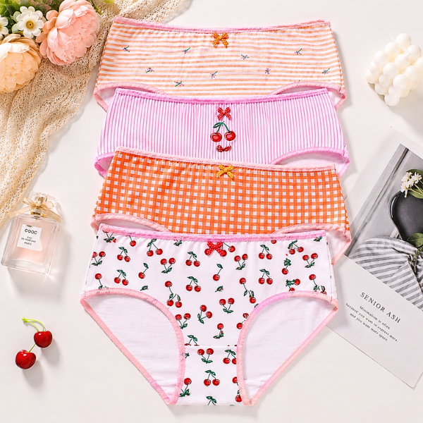 100% Cotton Panties for summer– Soft Breathable Floral & Cherry Print Underwear with Bow (M-XL)