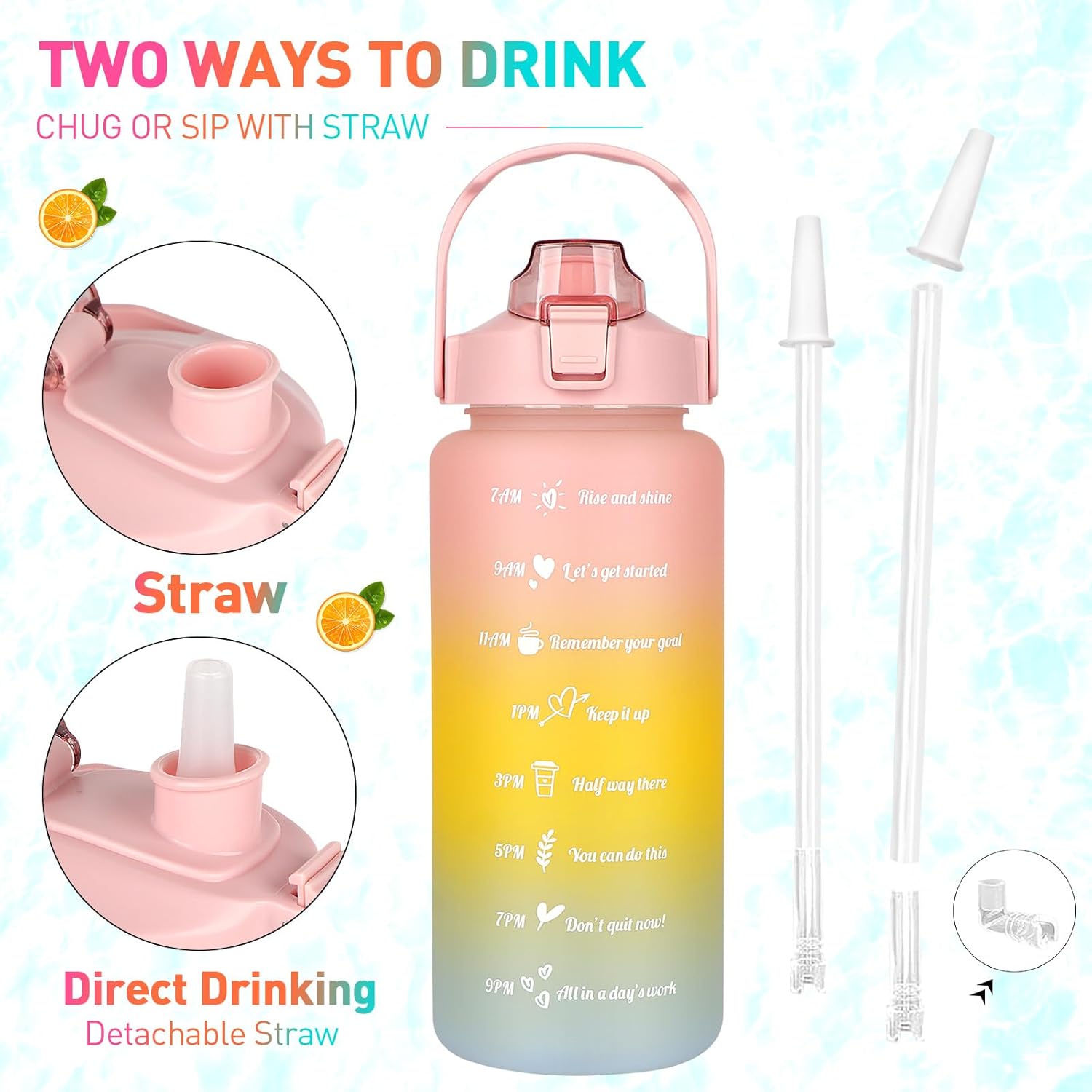 2000ml Motivational Water Bottle With Straw | 2L Gradient Color Drinking Water Bottle