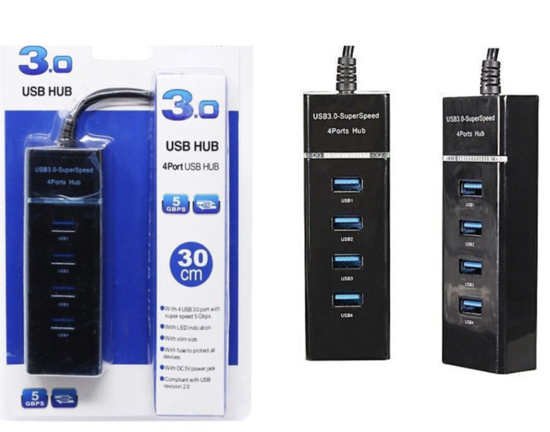 USB Hub 3.0 - 4 Port High Speed USB Hub with attached 1ft Extended Cable & LED Light - For Computers,, Laptop, PC, USB Flash Drives price in Pakistan