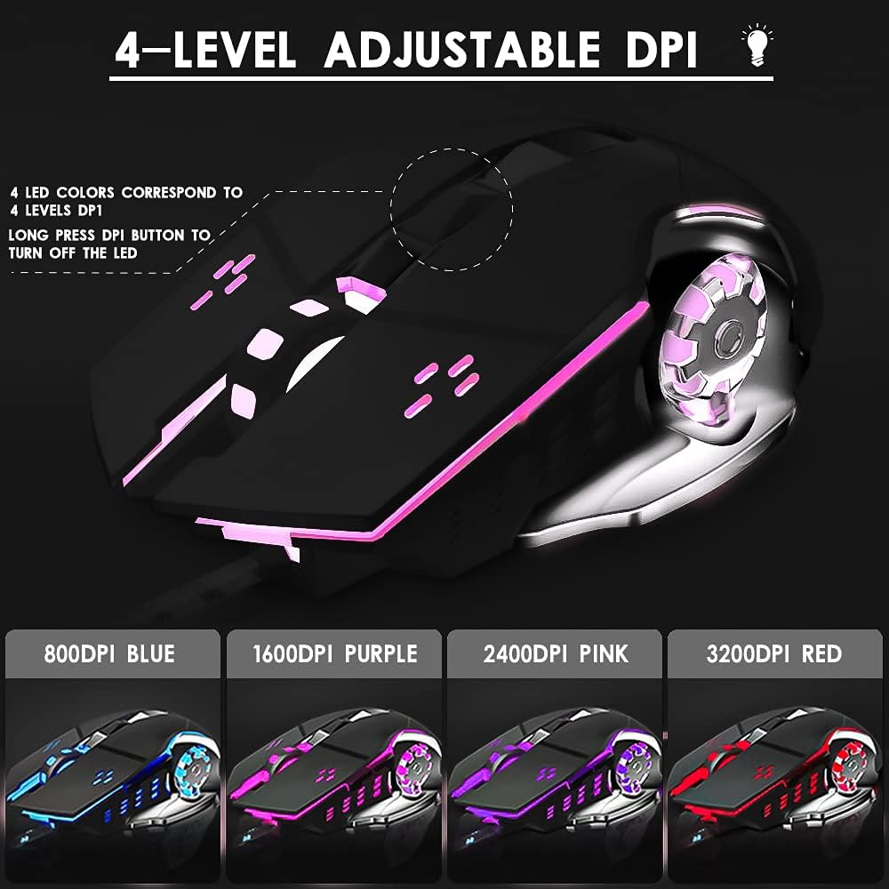 Wired Computer Gaming Mice, 6 Buttons for Desktop Laptop Mac PC Gaming Mouse, 4 Levels DPI 800-1600-2400-3200 with 4 Colors RGB Backlit, Ergonomic Design for Professional Gamers Use