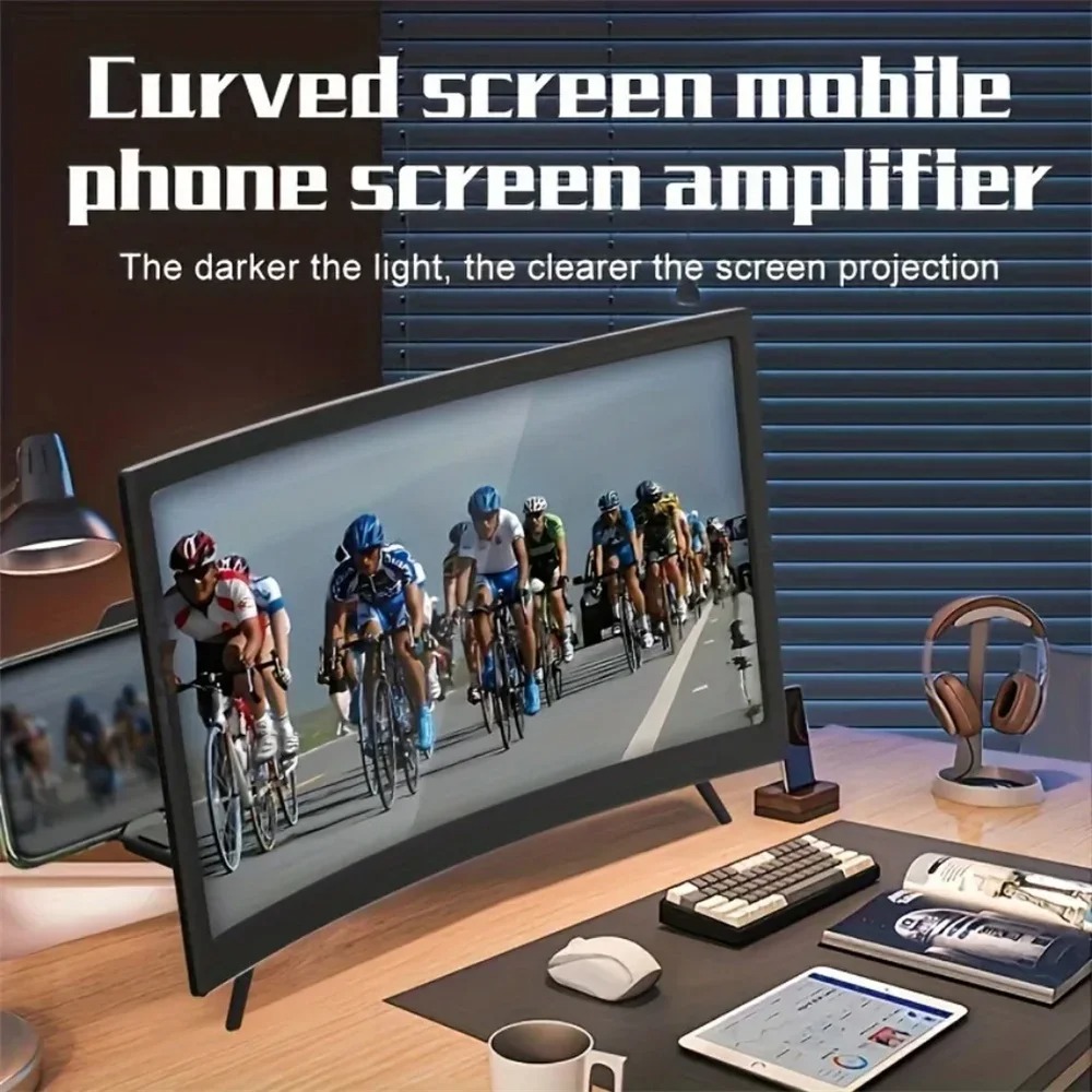 12-Inch Curved Screen Magnifier & 3D HD Mobile Display Amplifier | Universal Portable Desk Holder Stand
