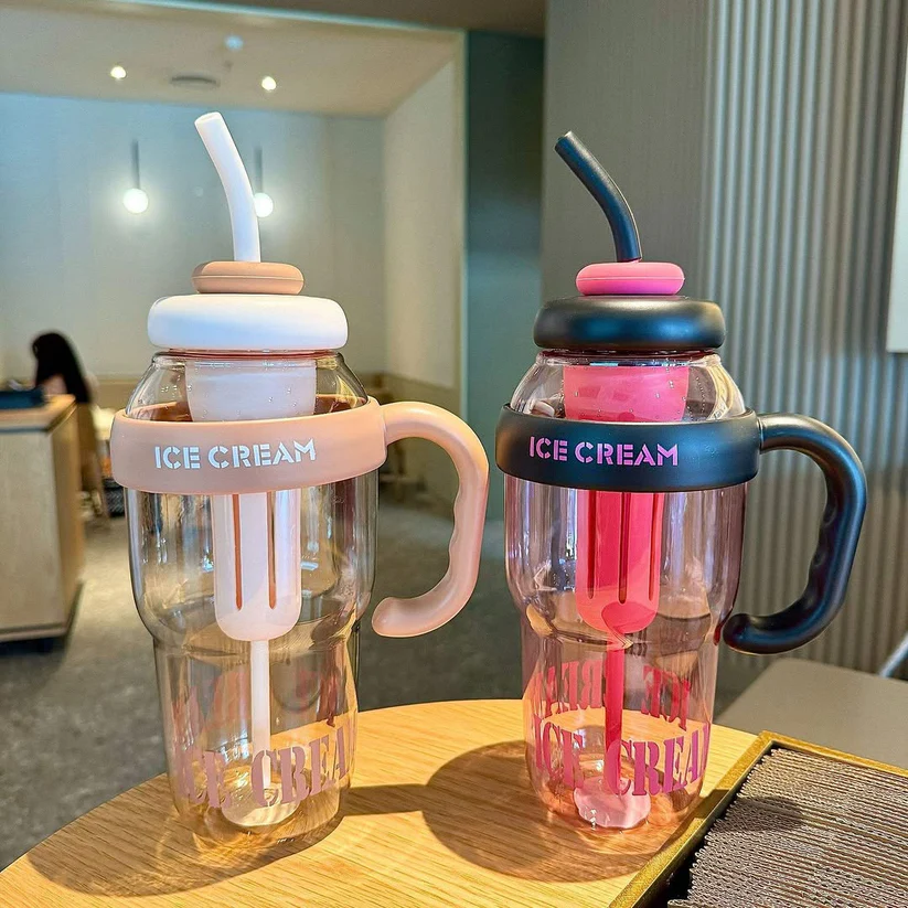 Premium 1200ML Large Capacity Water Bottle with Straw & Tea Infuser  BPA Free Leakproof Drinking Bottle Large Capacity Plastic Water Bottle with Straw Cap Water bottle Equisite Design Simple Lookig Bucket Shape Milk Tea Cup Outdoor