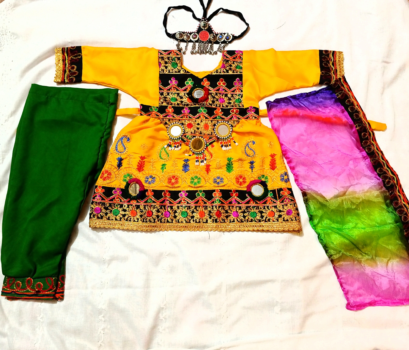 traditional Afghani Frock for Girls and Kids THREE piece full dress with free gift matta patti yellow