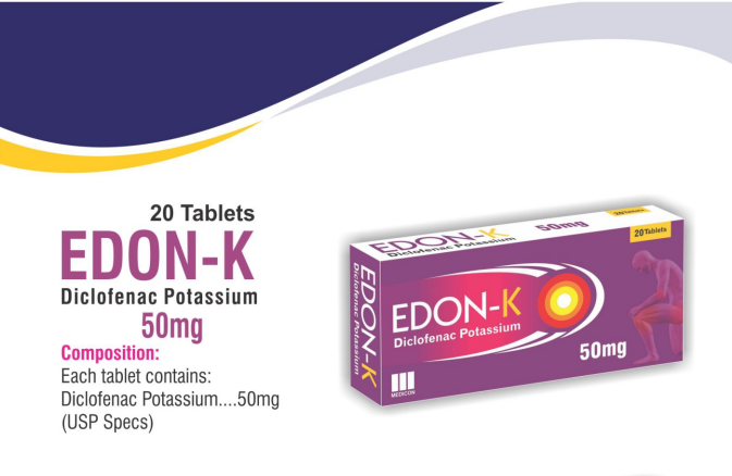 EDON-K Diclofenac Potassium 50mg 20Tablets. Fast Relief from Body Pain, Backache, Fever, Muscle, Joint & Headache Support price in Pakistan