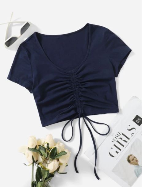 Women's Solid Drawstring Ruched Tee – Stylish and Trendy Cotton Blend (S-XL)